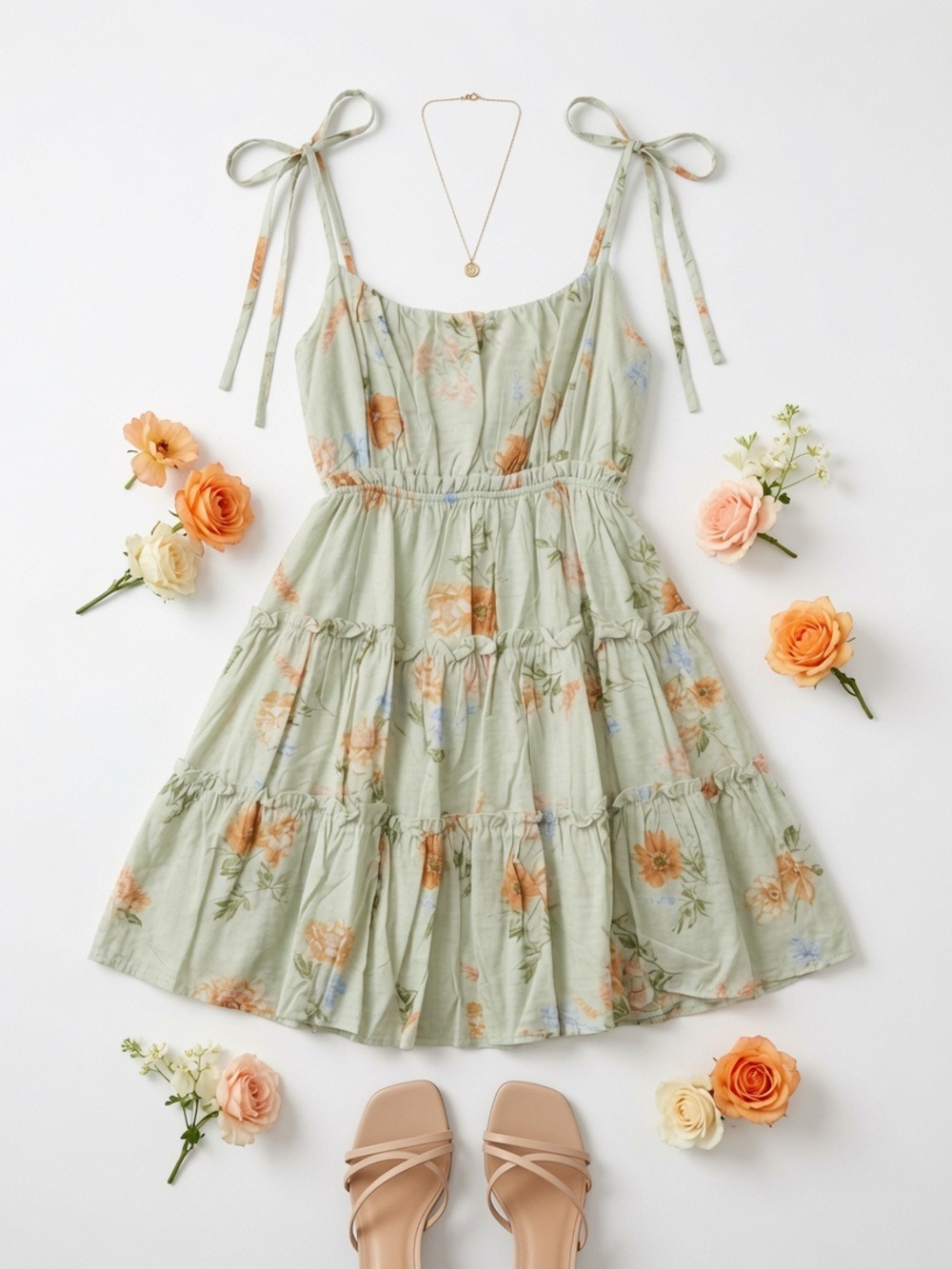 Floral Spaghetti Strap Tiered Back Tie Mini Dress Large